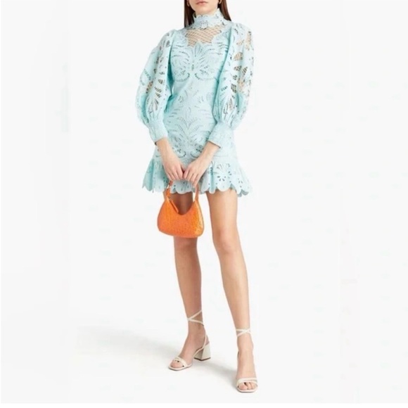Alice + Olivia Light Blue Eyelet Mini Dress with Puff Sleeves - Picture 3 of 4